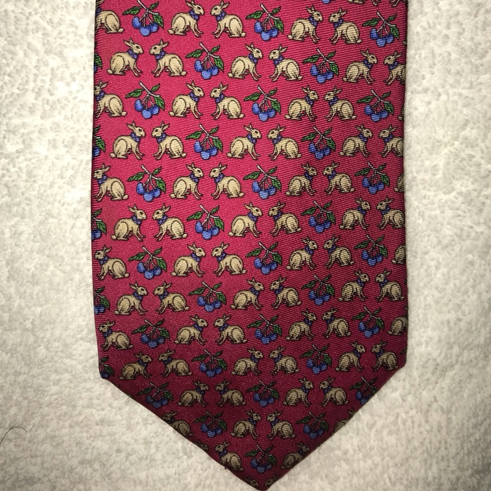 Red Brooks Brothers tie with rabbits and berries